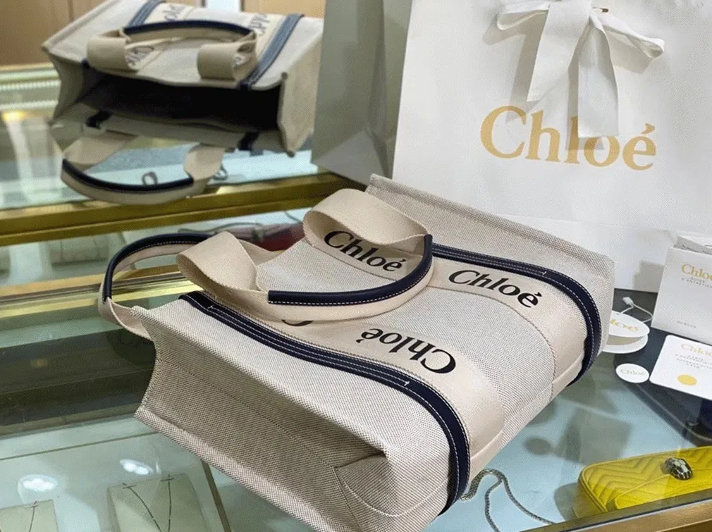 Top Quality Knockoff Chloe Medium Woody Tote Bag in Canvas with Blue Leather Strips — image 7